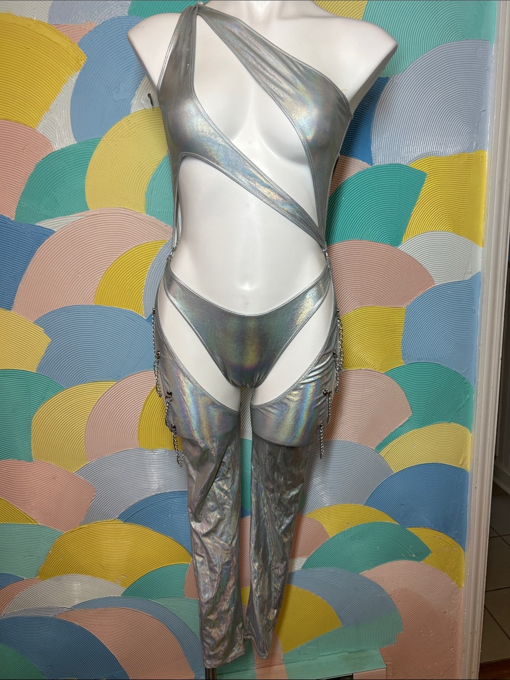 Club Exx Holographic Silver Cut-Out Monokini with Chain Details sz s